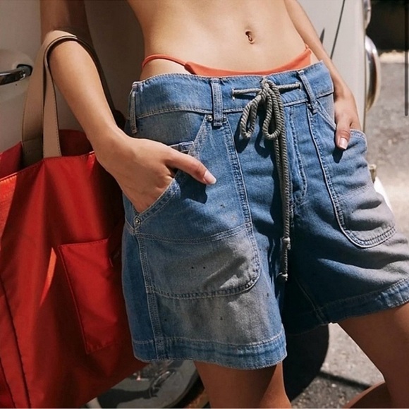 NWT Free People We The Free Second Chances Pull On Jean Shorts Drawstring Blue M - Picture 6 of 16
